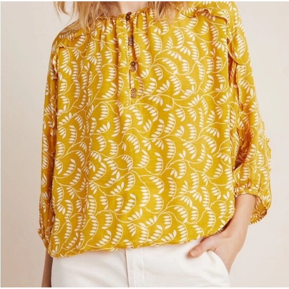 Maeve Anthropologie Mustard Yellow Leaf Print Blouse Size Small